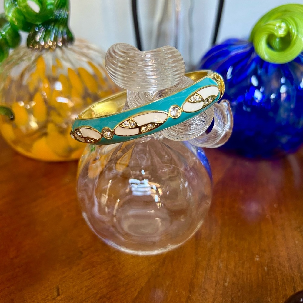 Gold and Turquoise Enamel Clamper Bracelet with Crystal Accents
